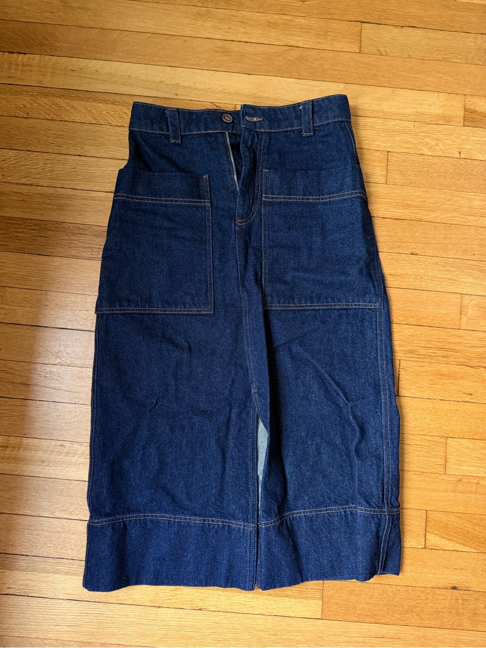 High-Rise Dark Blue Denim Midi Skirt with Front Patch Pockets